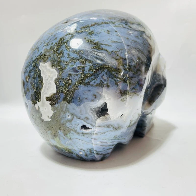 Large Geode Druzy Moss Agate Skull Carving - Image 4
