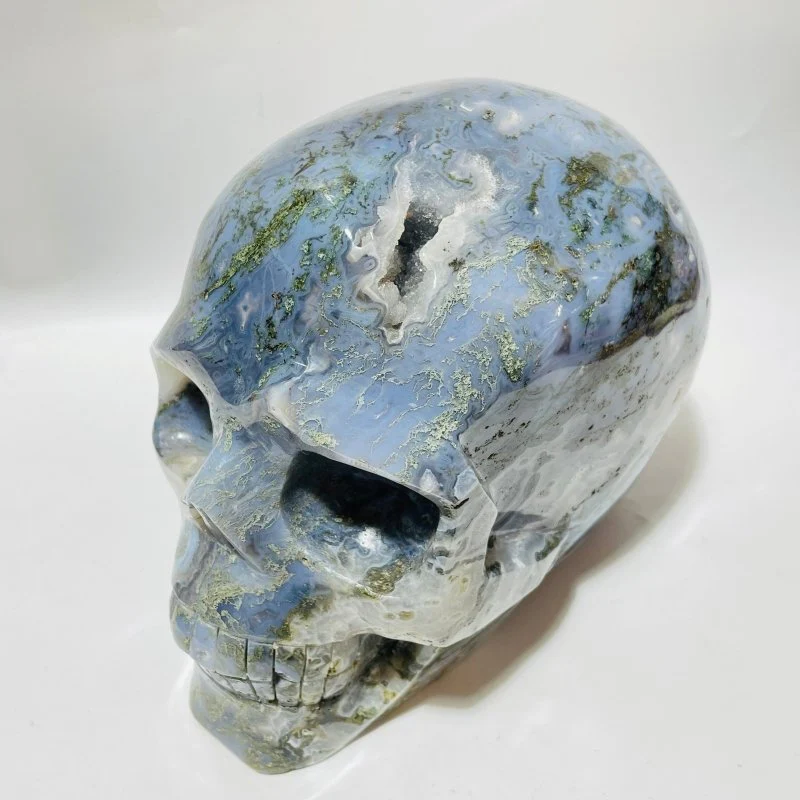 Large Geode Druzy Moss Agate Skull Carving - Image 5