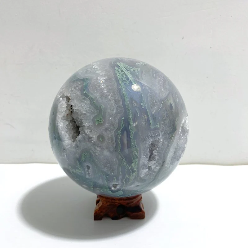 14CM Large Geode Druzy Moss Agate Sphere