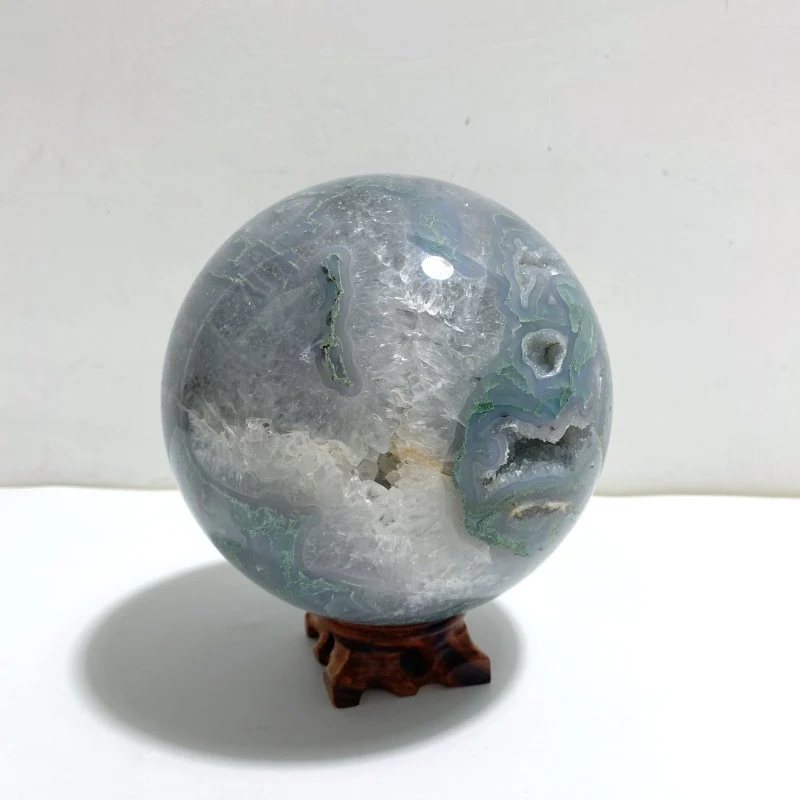 14CM Large Geode Druzy Moss Agate Sphere - Image 2