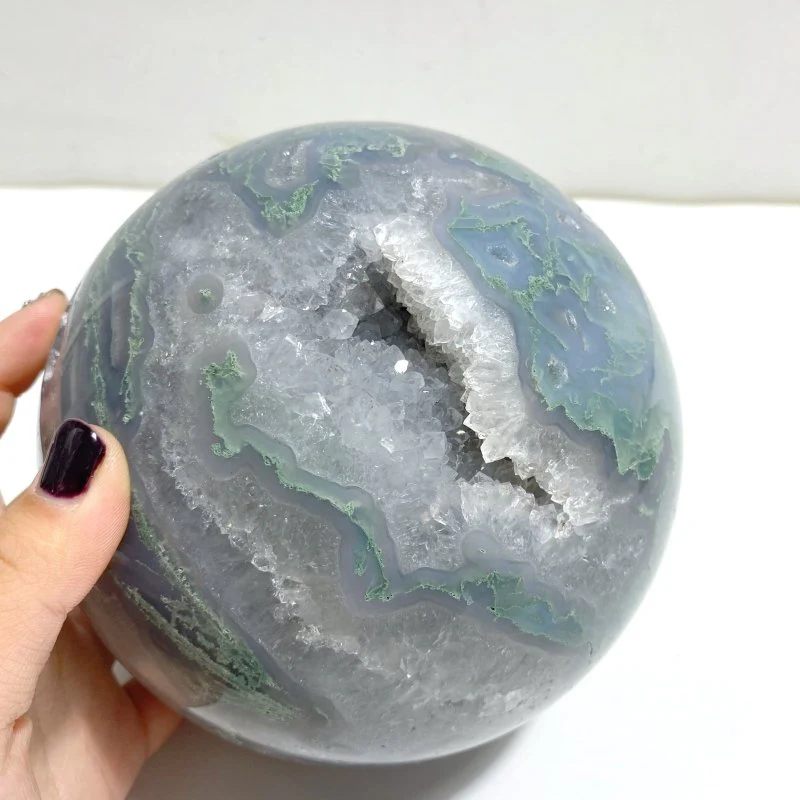 14CM Large Geode Druzy Moss Agate Sphere - Image 3