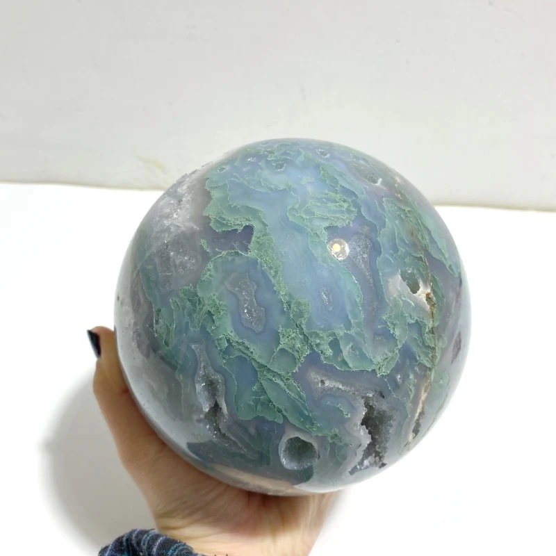 14CM Large Geode Druzy Moss Agate Sphere - Image 4