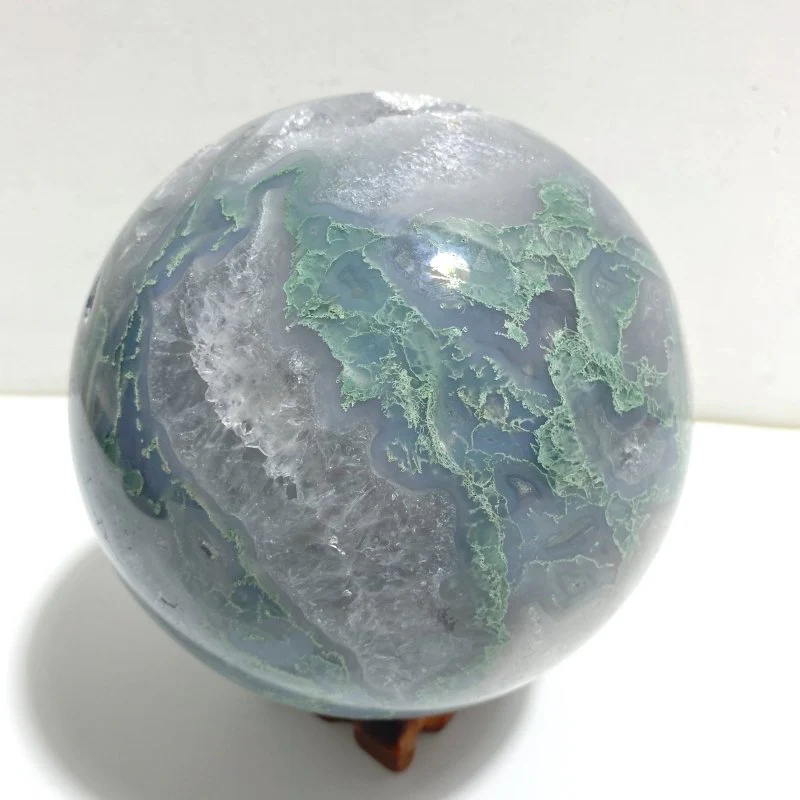 14CM Large Geode Druzy Moss Agate Sphere - Image 5