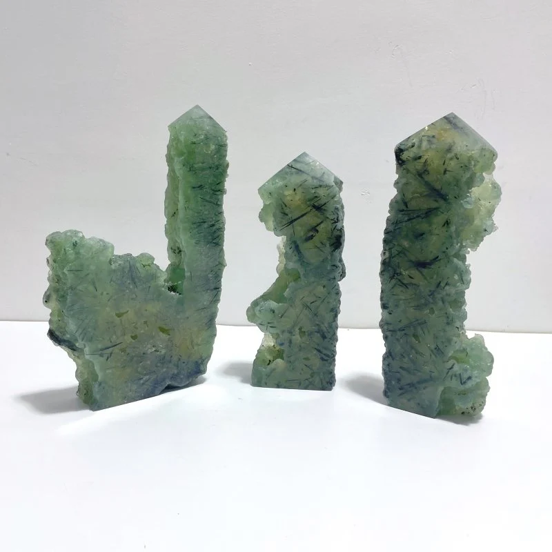 3 Pieces Large Natural Prehnite Tower Raw Side
