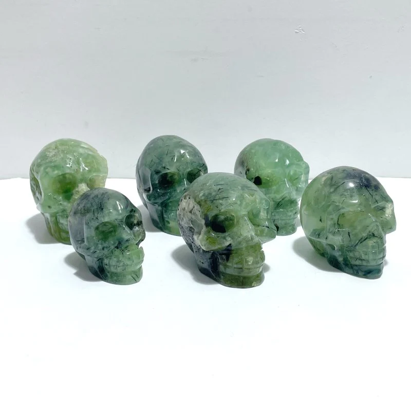 6 Pieces Green Prehnite Geode Skull Carving