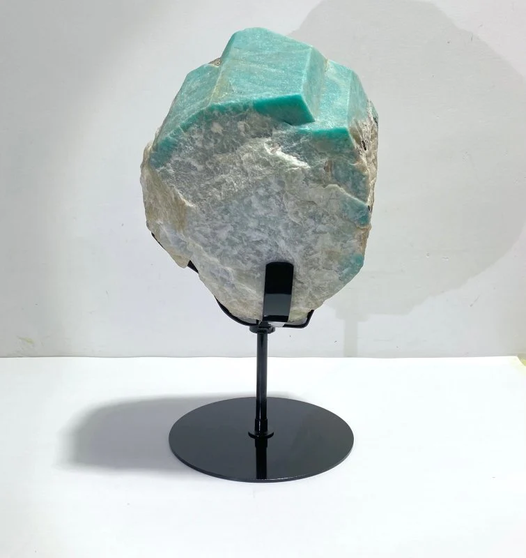 Large Raw Amazonite Mixed Black Tourmaline Specimen With Stand - Image 2
