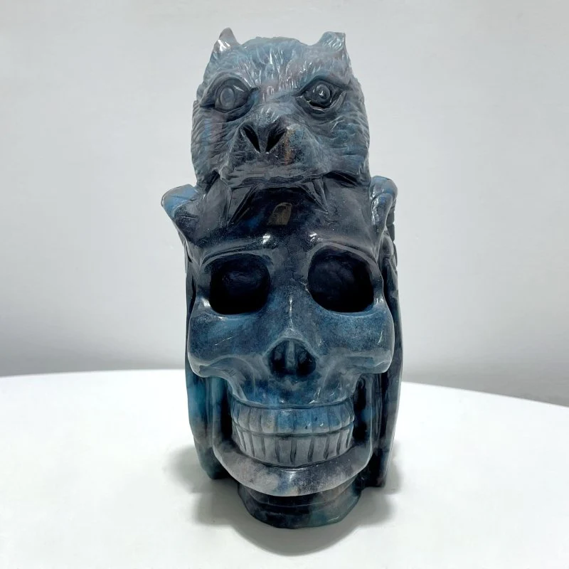 Large Trolleite Stone Wolf Head With Skull Carving
