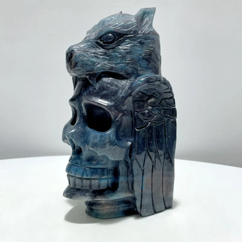 Large Trolleite Stone Wolf Head With Skull Carving - Image 3