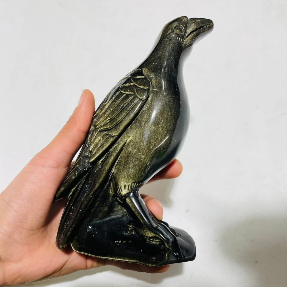 Large Unique Gold Sheen Obsidian Crow Carving - Image 3