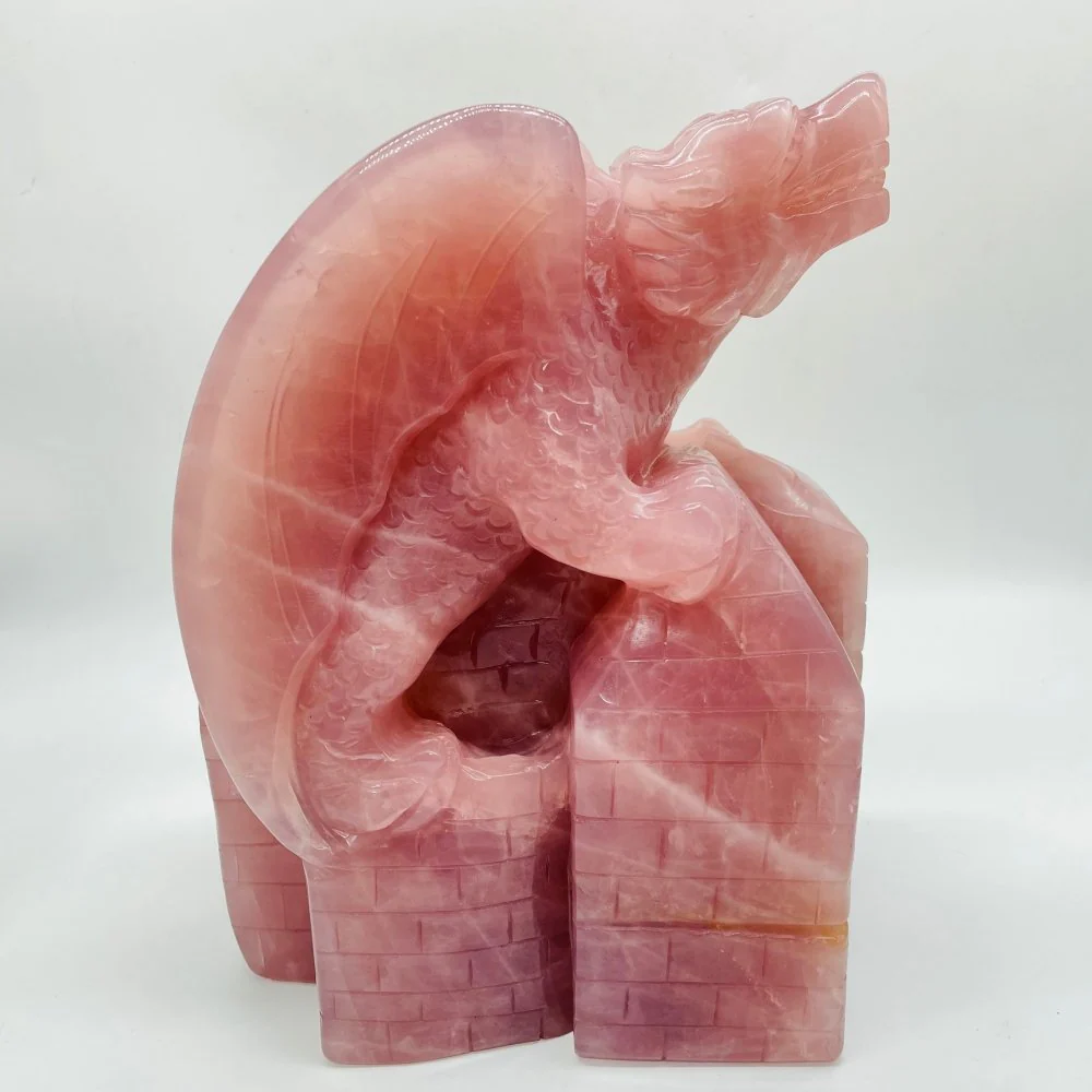 Large Unique Madagascar Rose Quartz Dragon With Castle Carving - Image 3