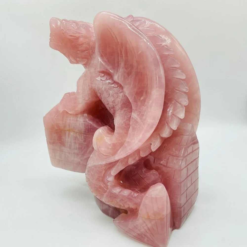 Large Unique Madagascar Rose Quartz Dragon With Castle Carving - Image 6