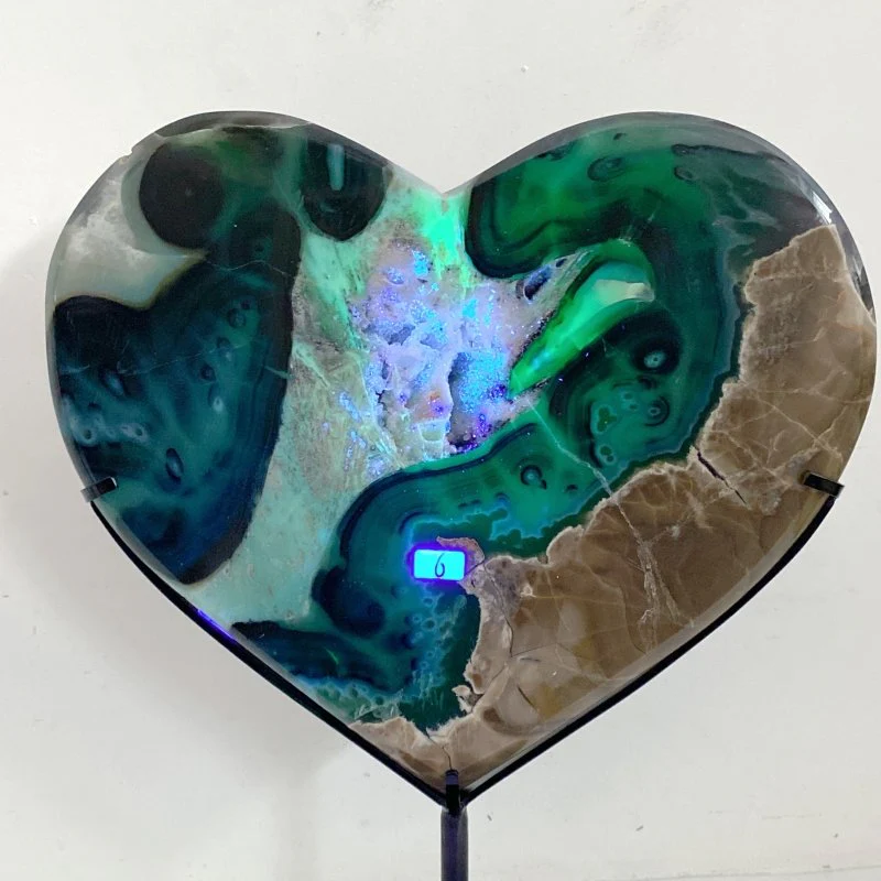 Large Geode Druzy Volcano Agate Heart With Stand (UV-Reactive)