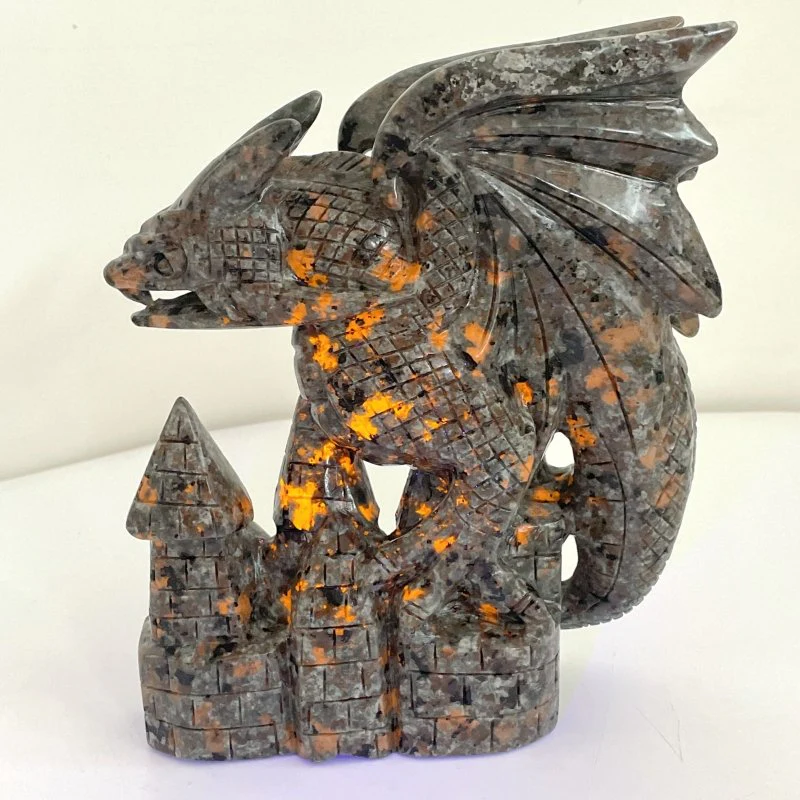 9.4in Unique Yooperlite Flying Dragon With Castle Carving (UV-Reactive)