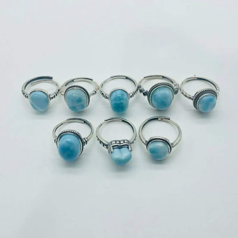 8 Pieces Beautiful Larimar Different Styles 925 Sterling Silver Rings - Image 8