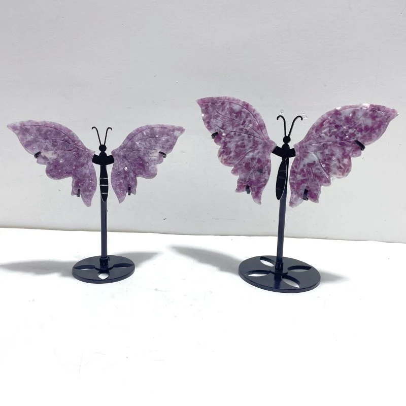 2 Pairs Lepidolite Butterfly Wing Carving With Stand