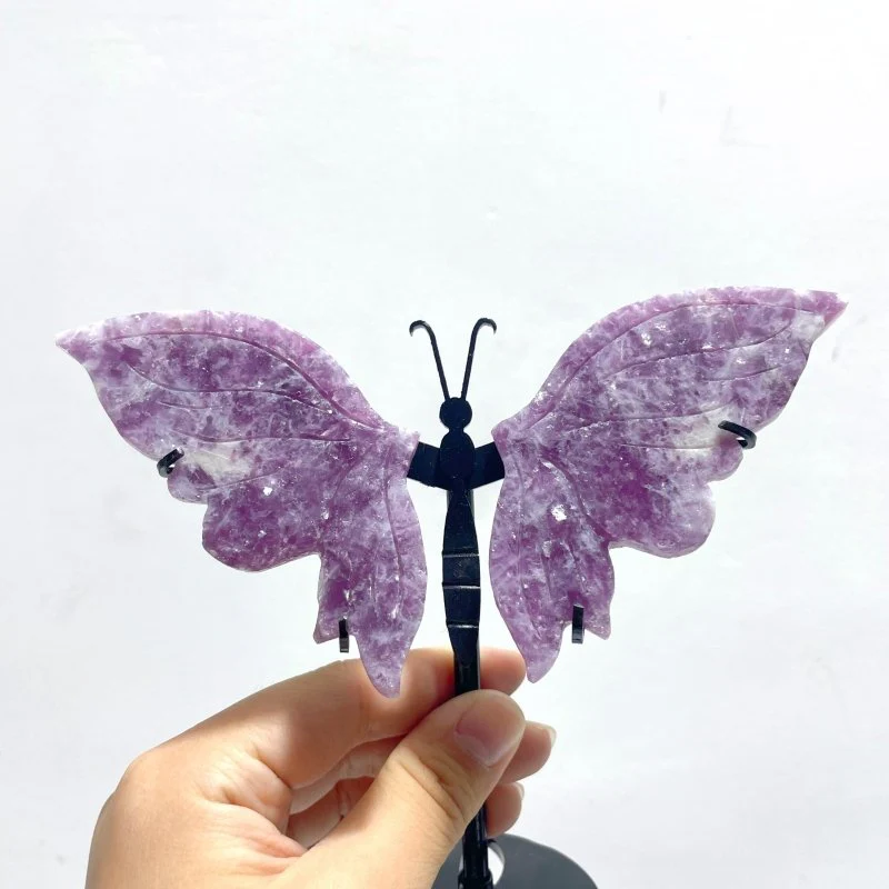 2 Pairs Lepidolite Butterfly Wing Carving With Stand - Image 2