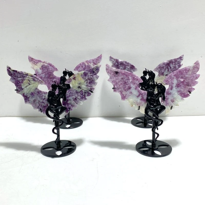 4 Pairs Spark Lepidolite Demon Angel Wing Carving With Stand