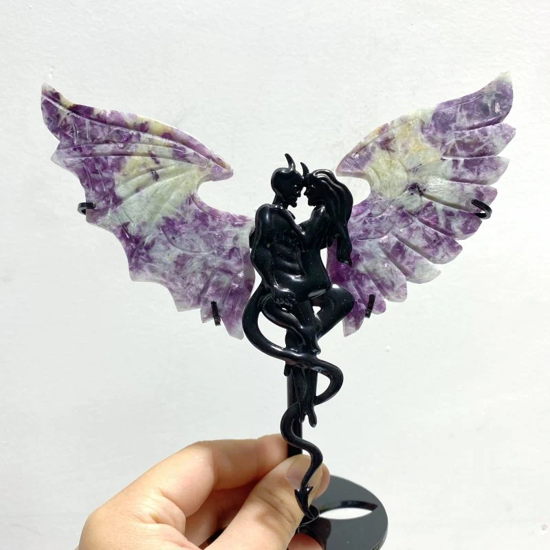 4 Pairs Spark Lepidolite Demon Angel Wing Carving With Stand - Image 7
