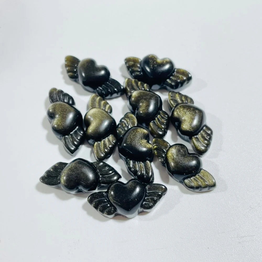 Mini Gold & Silver Sheen Obsidian Heart Wing Carving Wholesale - Image 3