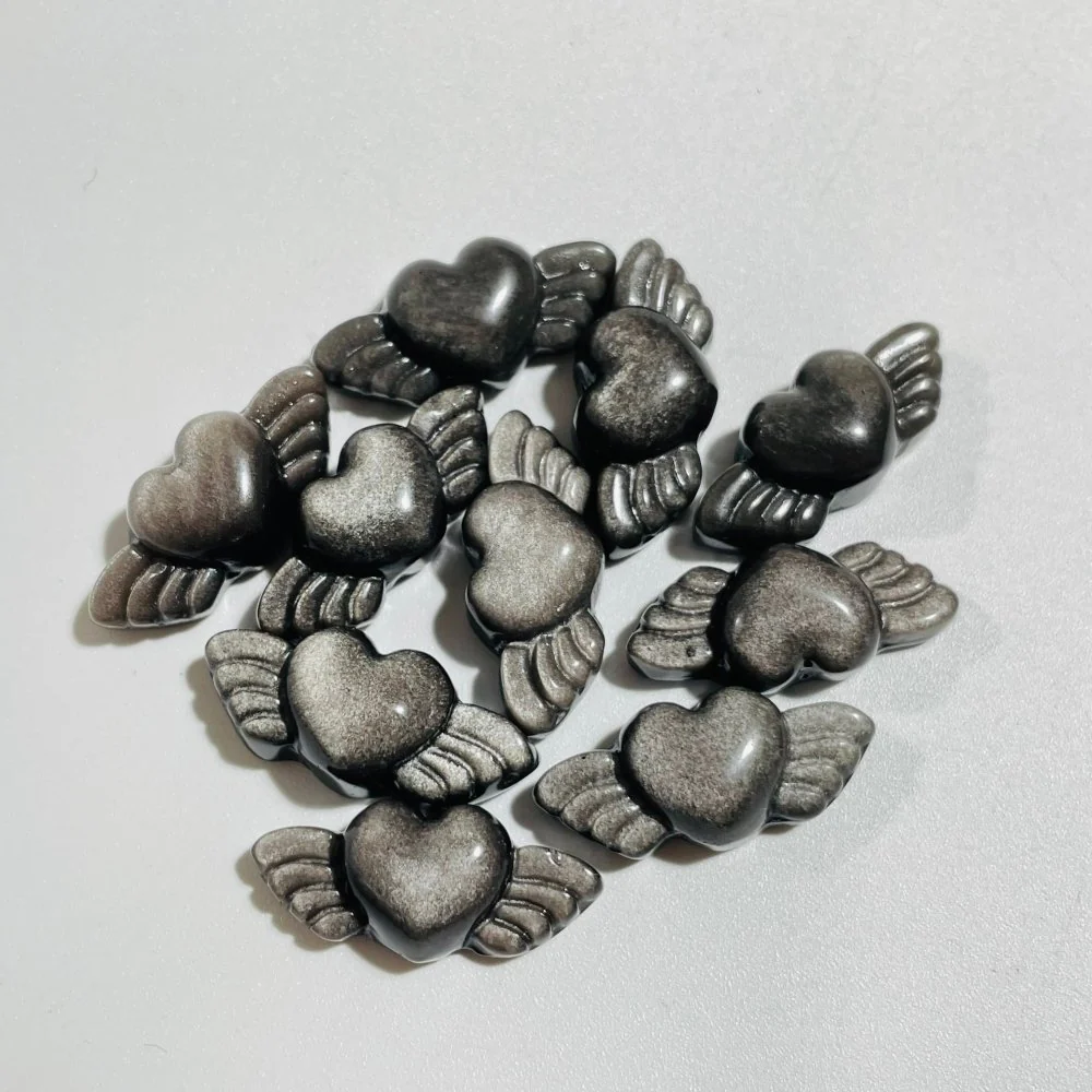 Mini Gold & Silver Sheen Obsidian Heart Wing Carving Wholesale - Image 4