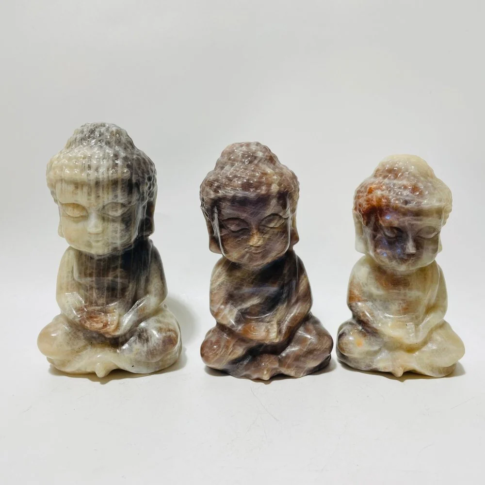 3 Pieces Moonstone Mixed Sunstone Baby Buddha Carving - Image 2