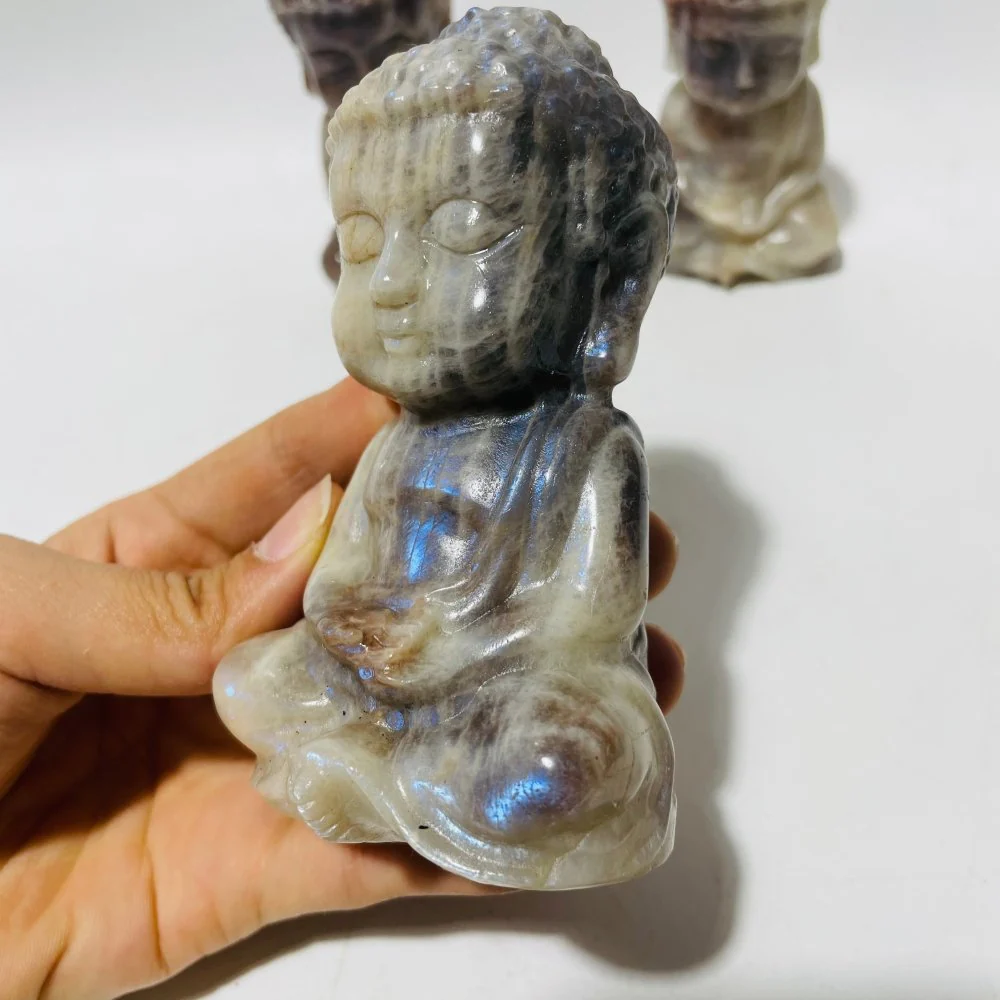 3 Pieces Moonstone Mixed Sunstone Baby Buddha Carving - Image 4