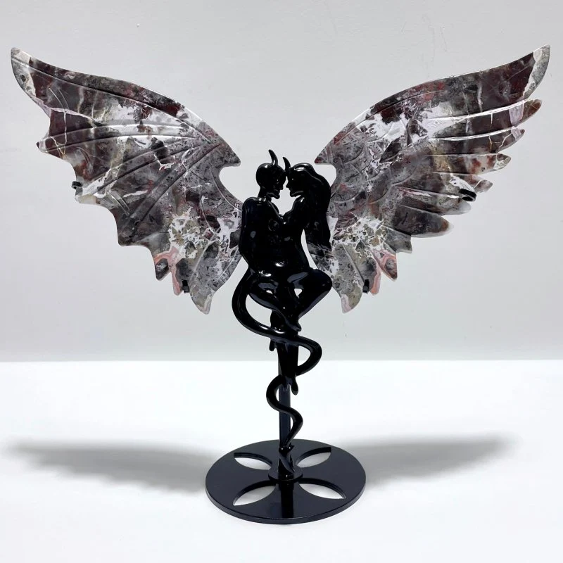 Morocco Agate Demon And Angel Wing Carving With Stand