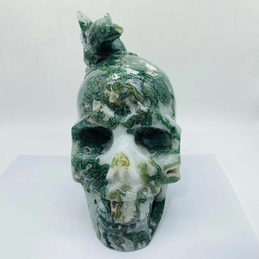Beautiful Large Moss Agate Bird Skull Carving - Image 6