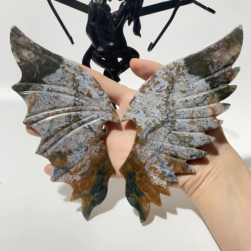 Colorful Moss Agate Demon and Angel Wing Carving With Stand - Image 2