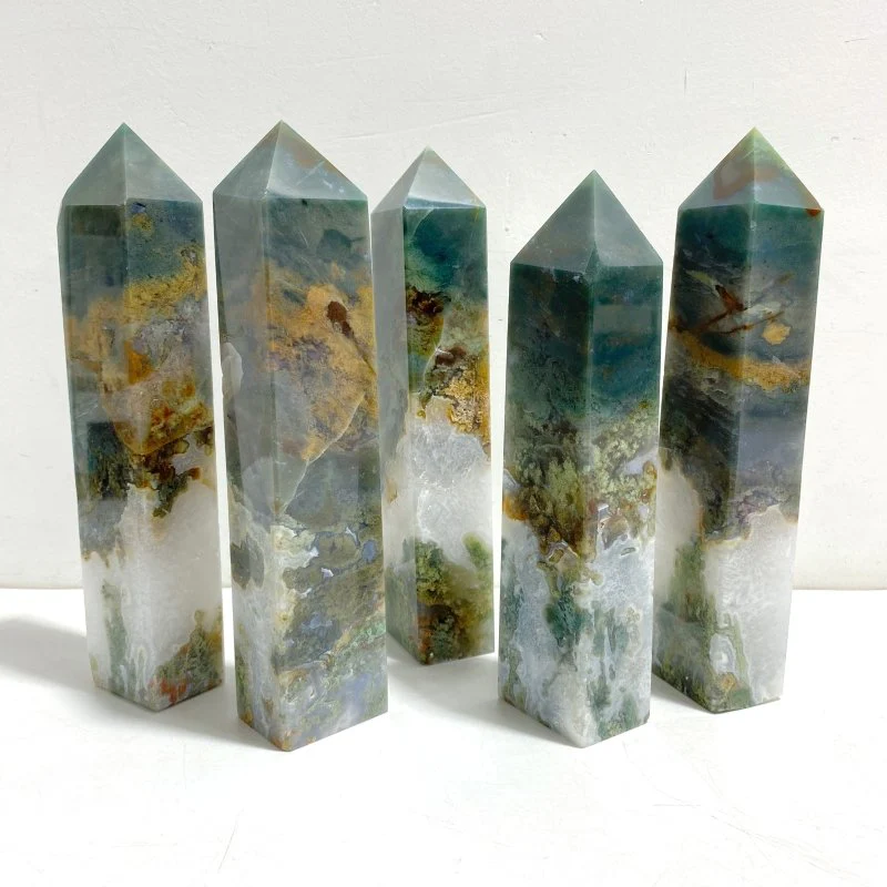 5 Pieces Moss Agate Four-Sided Tower Points