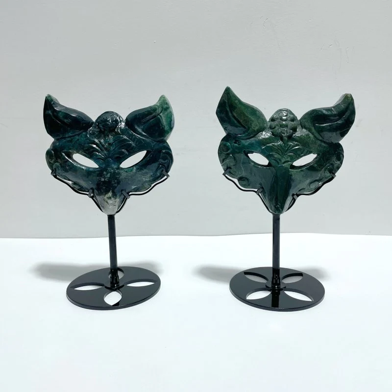 2 Pieces Moss Agate Fox Mask Carving With Stand
