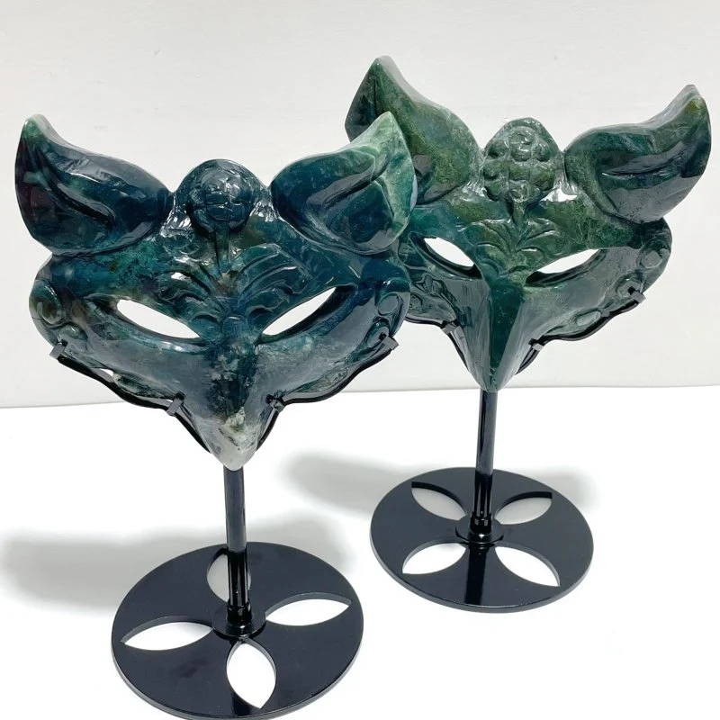 2 Pieces Moss Agate Fox Mask Carving With Stand - Image 2