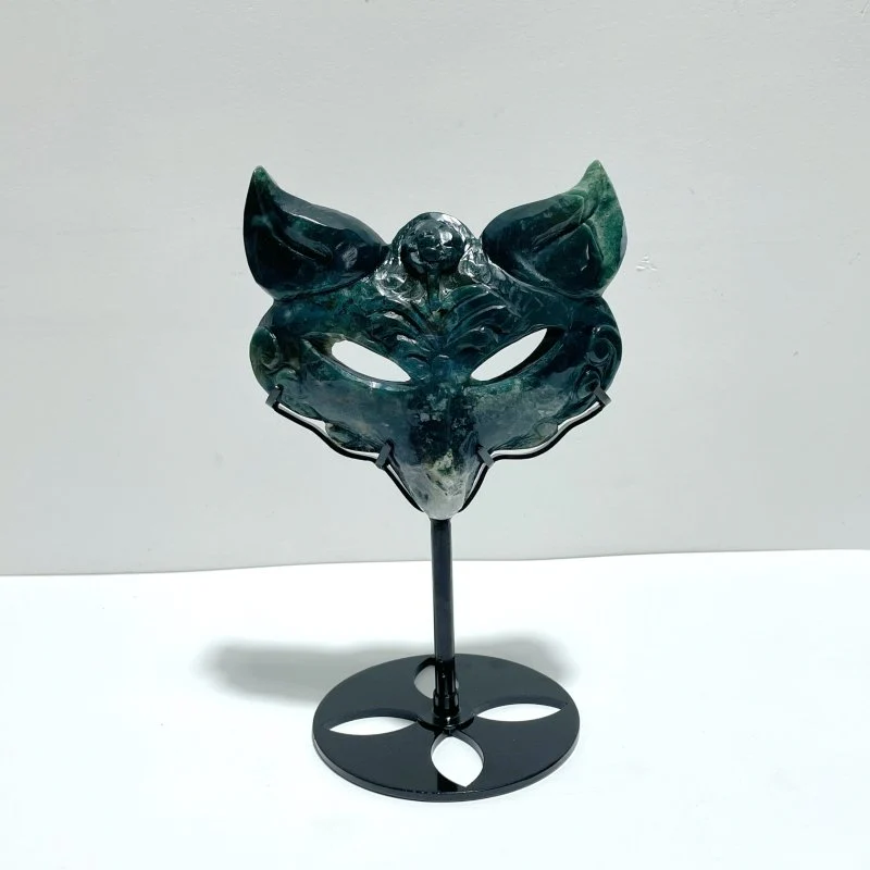 2 Pieces Moss Agate Fox Mask Carving With Stand - Image 3