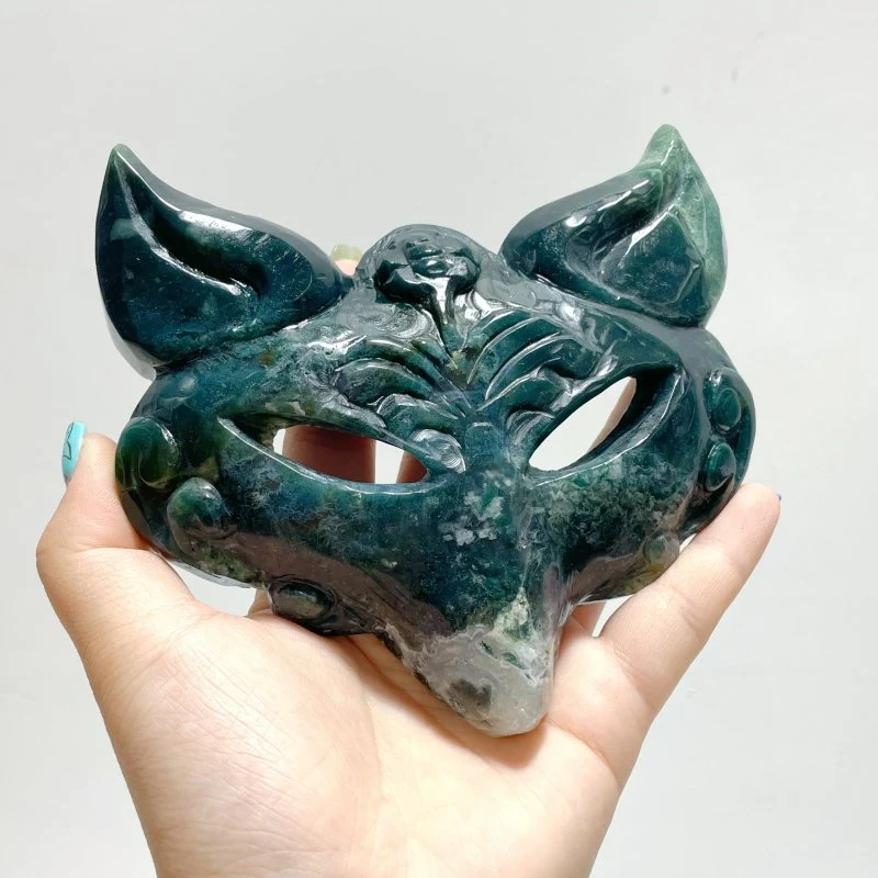 2 Pieces Moss Agate Fox Mask Carving With Stand - Image 4