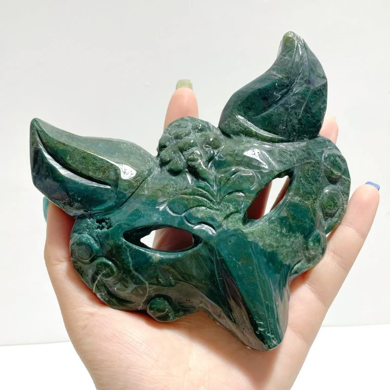 2 Pieces Moss Agate Fox Mask Carving With Stand - Image 6