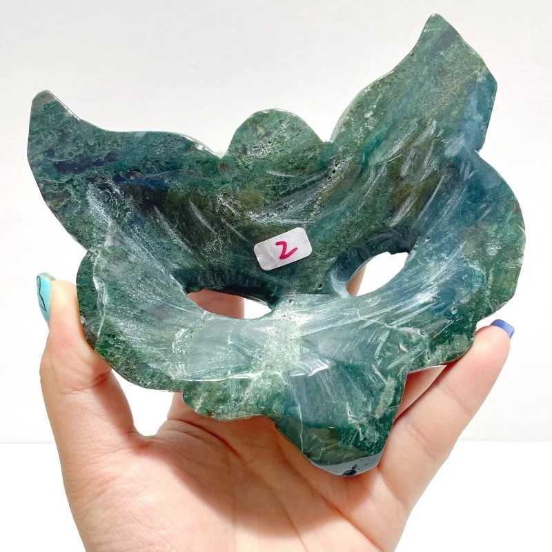 2 Pieces Moss Agate Fox Mask Carving With Stand - Image 7