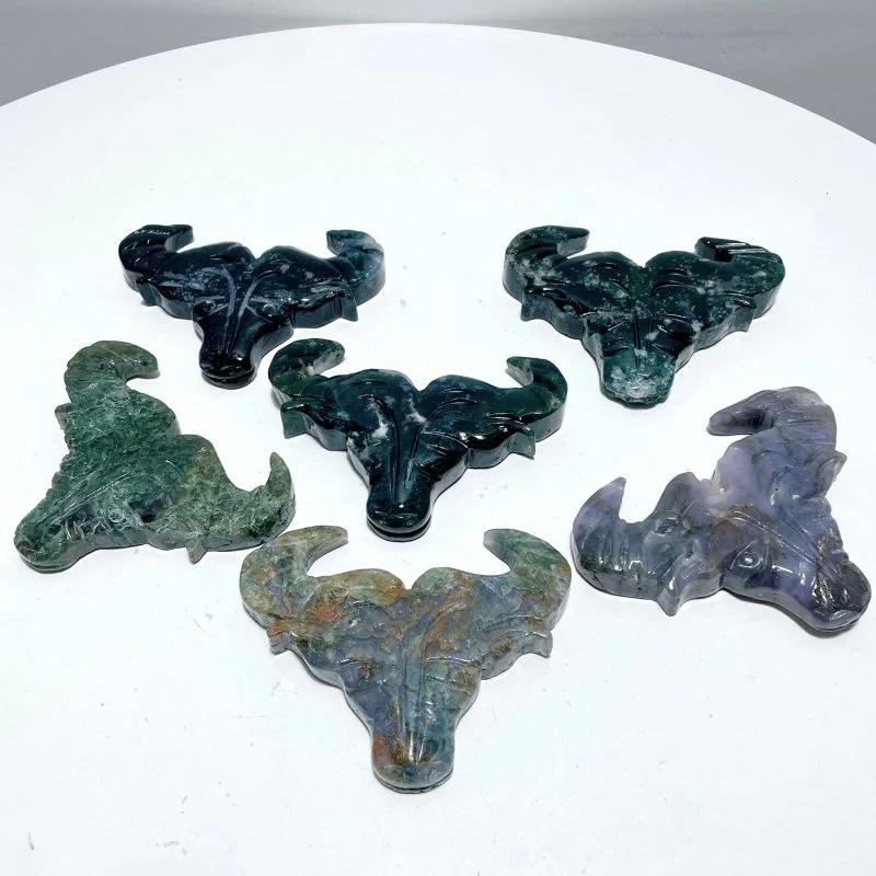 Moss Agate Ox Head Carving Wholesale