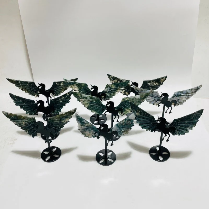 9 Pairs Moss Agate Small Pegasus Wing Carving With Stand - Image 2