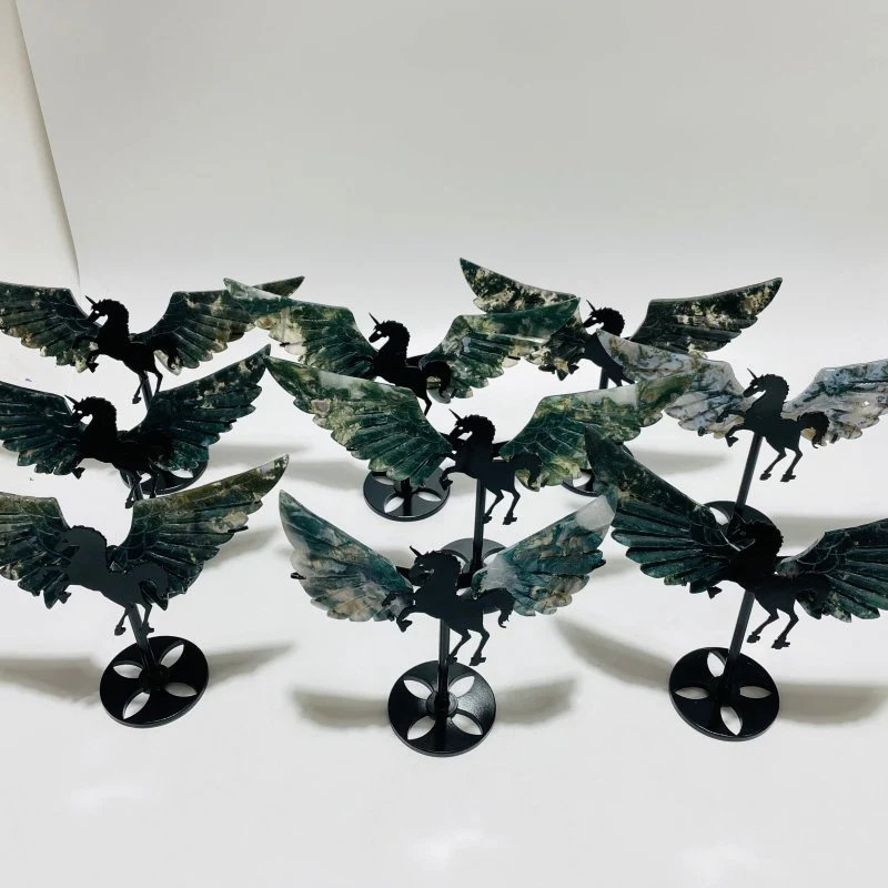 9 Pairs Moss Agate Small Pegasus Wing Carving With Stand - Image 3