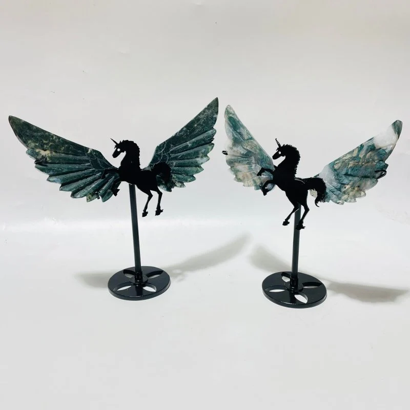 9 Pairs Moss Agate Small Pegasus Wing Carving With Stand - Image 4