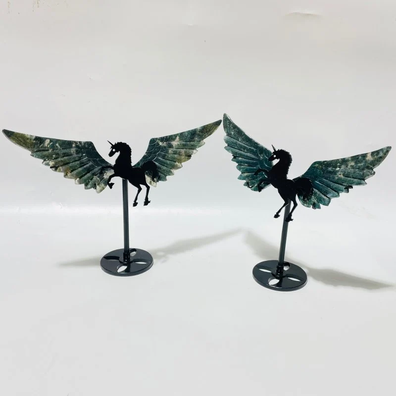 9 Pairs Moss Agate Small Pegasus Wing Carving With Stand - Image 6