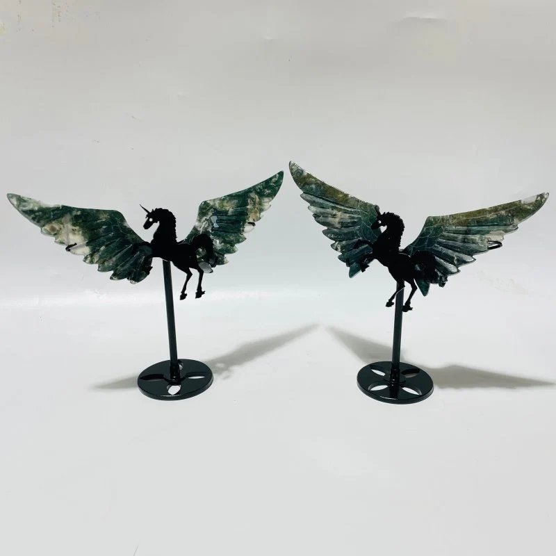 9 Pairs Moss Agate Small Pegasus Wing Carving With Stand - Image 7