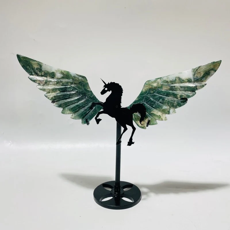 9 Pairs Moss Agate Small Pegasus Wing Carving With Stand - Image 8