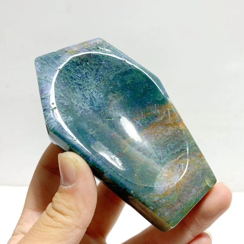 14 Pieces Moss Agate Shallow Bowl Coffin Carving - Image 2