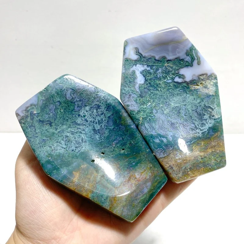14 Pieces Moss Agate Shallow Bowl Coffin Carving - Image 3