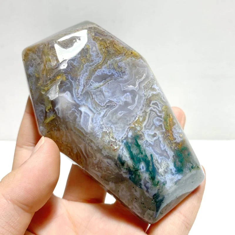 14 Pieces Moss Agate Shallow Bowl Coffin Carving - Image 7