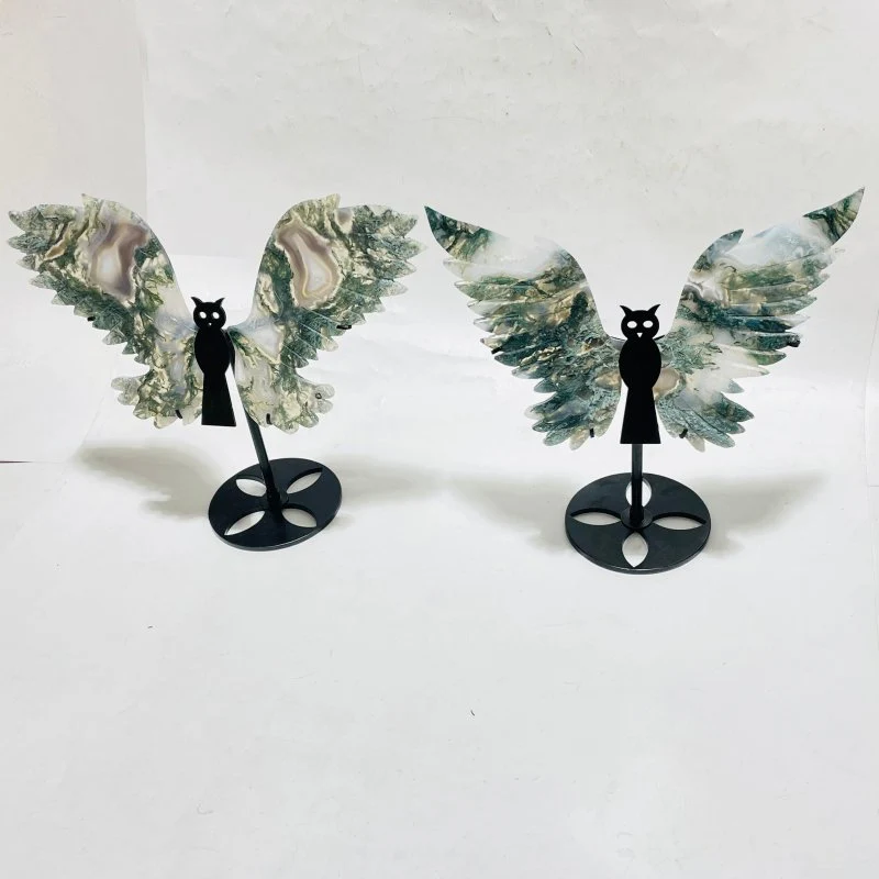 2 Pairs Moss Agate Symmetry Owl Wing Carving With Stand - Image 2