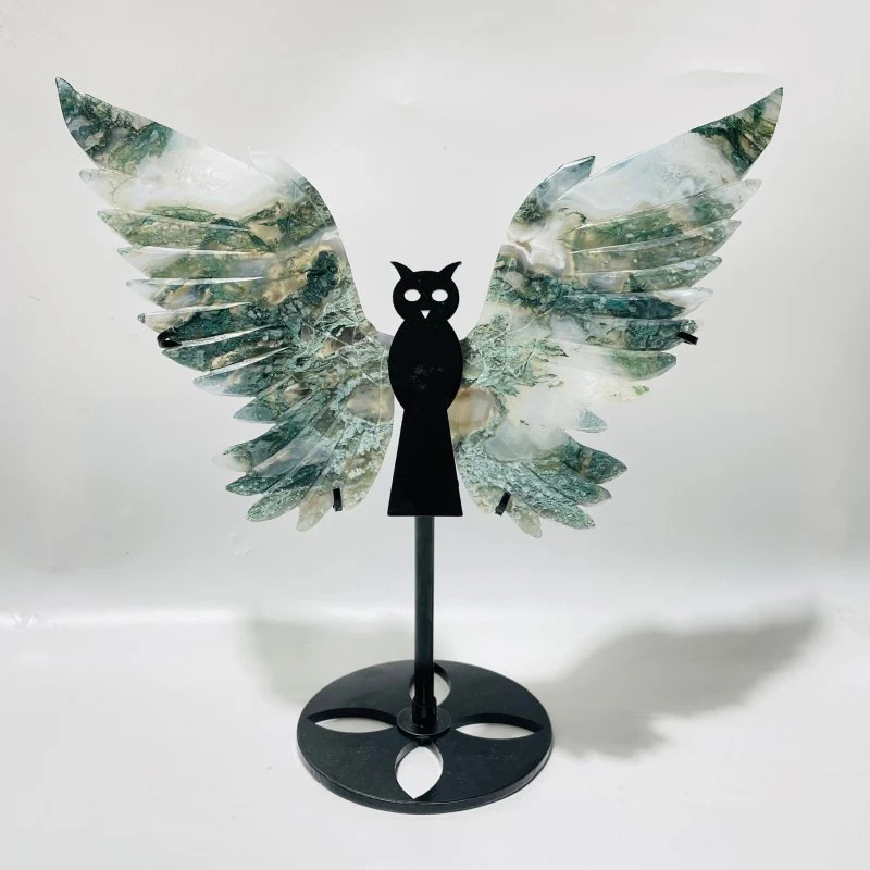 2 Pairs Moss Agate Symmetry Owl Wing Carving With Stand - Image 3