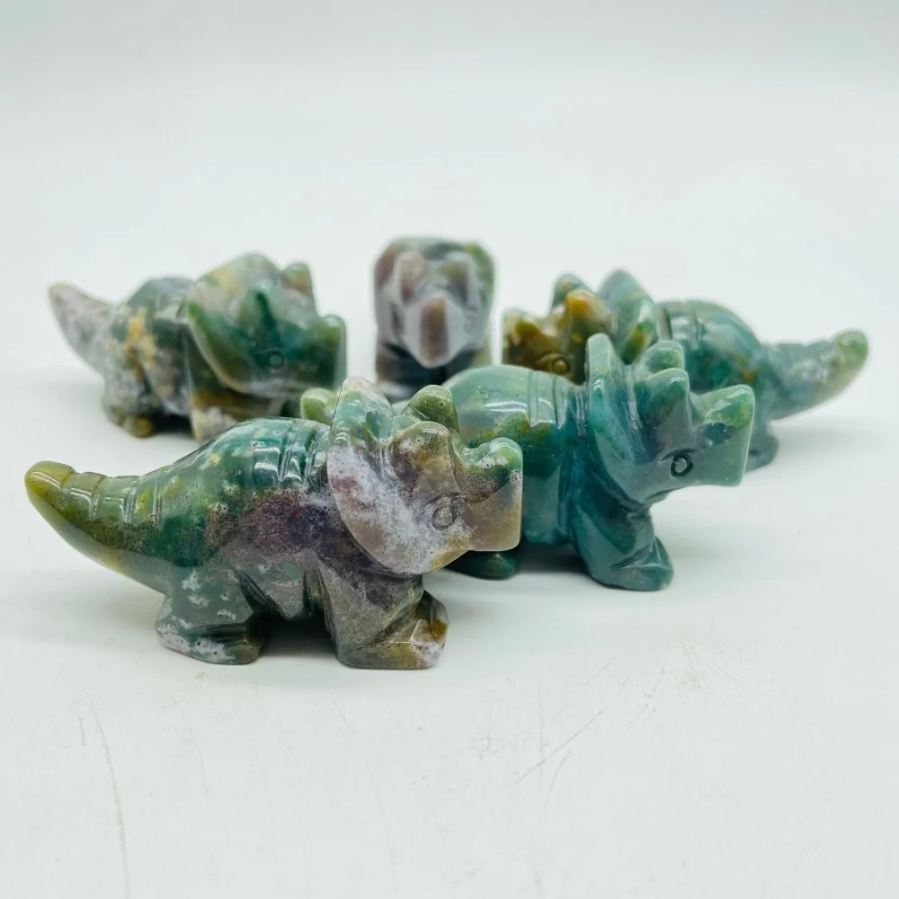 Moss Agate Three Horns Dinosaur Carving Wholesale - Image 2