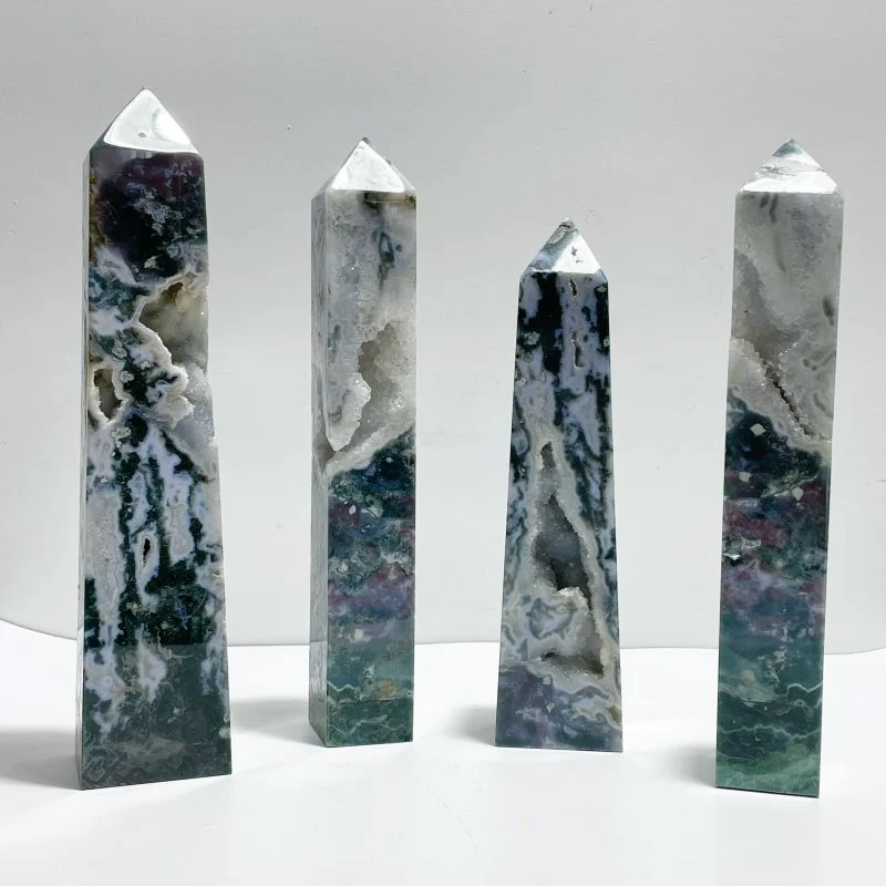 4 Pieces Large Geode Druzy Moss Agate Four-Sided Points